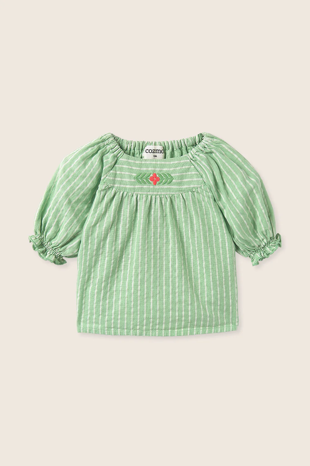 Striped Linen-Look Cotton Embroidered Baby Blouse - Image 2