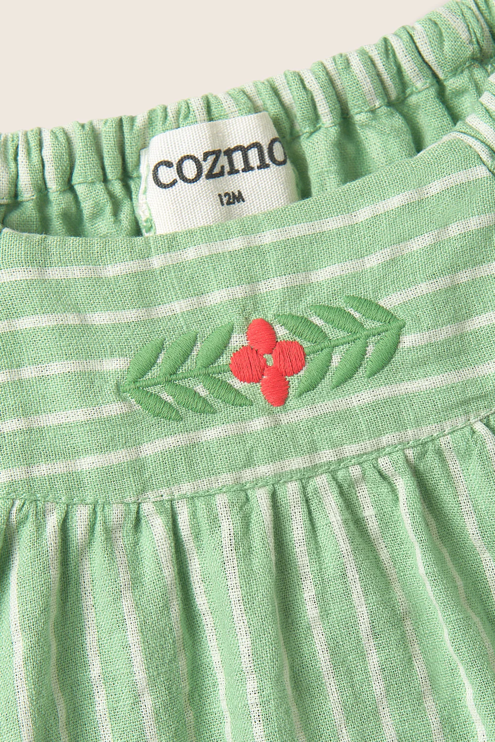 Striped Linen-Look Cotton Embroidered Baby Blouse - Image 3